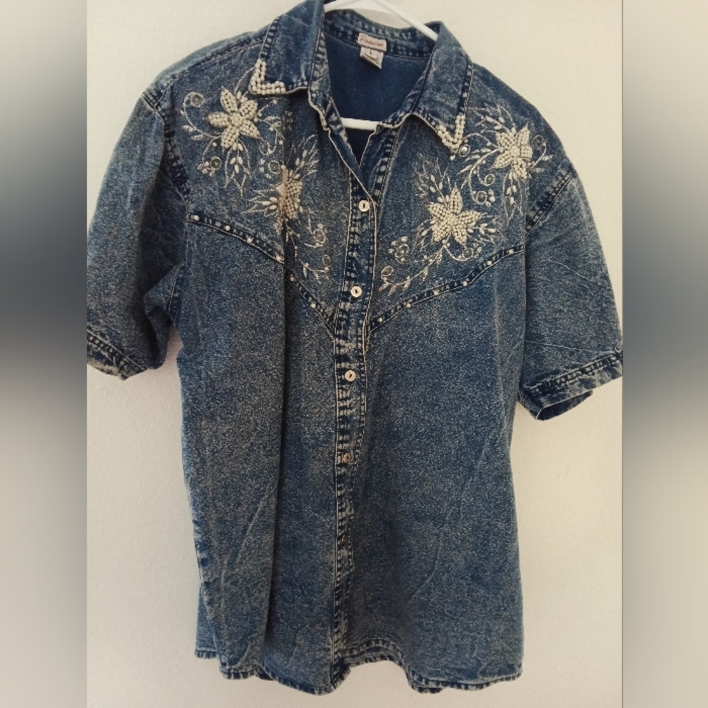 Embroidered Denim Shirt Vintage Cotton Western Button Up